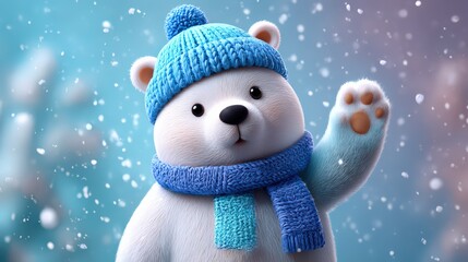 Adorable Polar Bear Wearing Blue Winter Hat and Scarf
