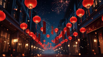 Red Lanterns and Fireworks During Chinese Festival Night