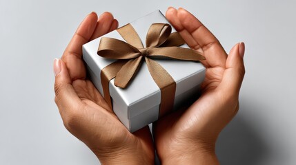 Hands Holding Elegant Gift Box With Brown Ribbon