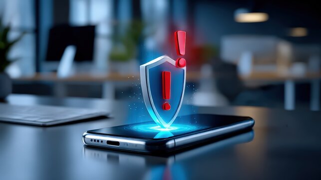 Cybersecurity Alert Icon Projected from Smartphone - Powered by Adobe
