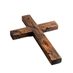A rustic, dark wooden cross set against a stark black background.
