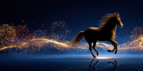Galloping Horse with Fireworks and Light Trail at Night