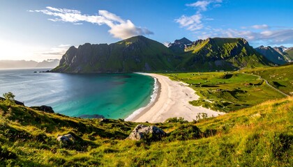 Panoramic view of a sandy beach, turquoise waters, and jagged mountains against a blue sky with scattered clouds