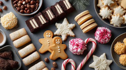 Assortment of Christmas cookies and sweets including gingerbread men and candy canes. Festive holiday dessert flat lay on dark background