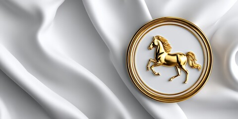 Golden Horse Emblem on White Silk Fabric Background