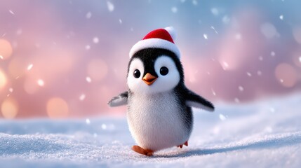 Obraz premium Cute Penguin in Santa Hat Standing on Snow