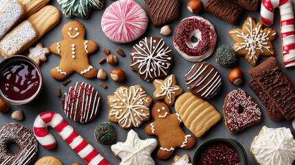 Top view of assorted Christmas cookies and gingerbread man on a dark rustic table. Festive holiday dessert flat lay with chocolate, nuts, and jam