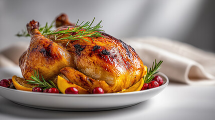 Whole roasted chicken garnished with rosemary and cranberries on a white plate. Traditional Thanksgiving or Christmas turkey dinner. Festive holiday feast