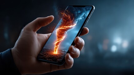 Smartphone Displaying Erupting Tornado in Augmented Reality