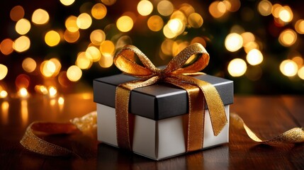 Elegant Black and White Gift Box with Gold Ribbon