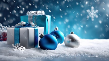 Blue and Silver Christmas Gifts and Ornaments in Snow