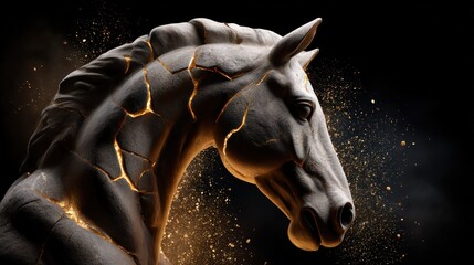Cracked Horse Sculpture with Glowing Golden Lines