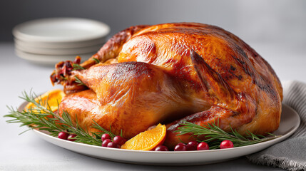 Whole roasted turkey garnished with rosemary, cranberries and orange slices. Traditional Thanksgiving or Christmas holiday dinner feast on a platter