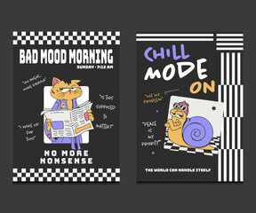 Retro cartoon posters featuring a moody cat and a chill snail, delivering funny morning moods and playful y2k vibes, vector illustration