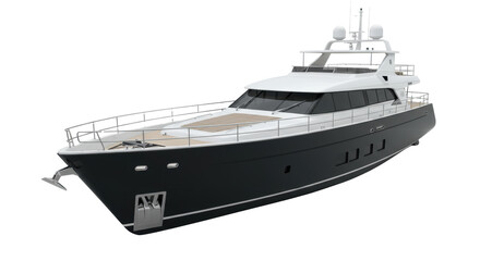 Naklejka premium Ultra-modern luxury yacht, glossy black hull, matte white deck, gleaming steel railings, tinted windows, against transparent studio backdrop with copy space, concept for opulent travel