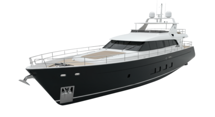 Ultra-modern luxury yacht, glossy black hull, matte white deck, gleaming steel railings, tinted windows, against transparent studio backdrop with copy space, concept for opulent travel