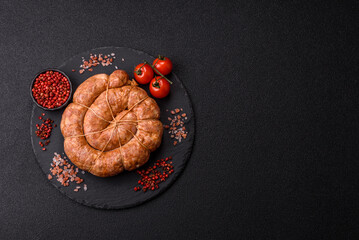 Grilled sausage in the shape of a spiral or snail, from chicken or pork. Spiral or snail sausage
