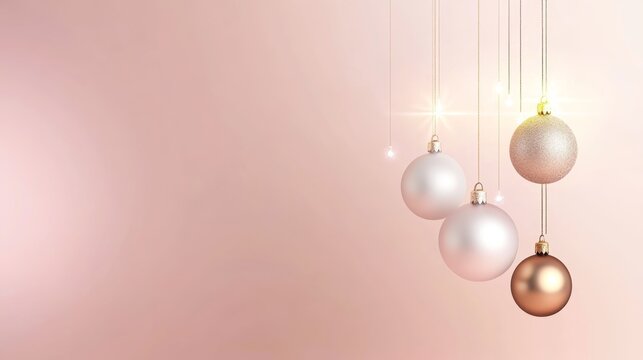 Elegant hanging ornaments on pale pink background with soft glow and minimal holiday style - Powered by Adobe