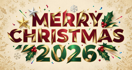 Festive christmas greeting card with golden text and decorative elements for 2026