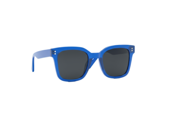 Modern high-end sunglasses with thick glossy vibrant cobalt blue acetate frame and dark reflective lenses, isolated on a transparent background with copy space, high fashion accessory concept