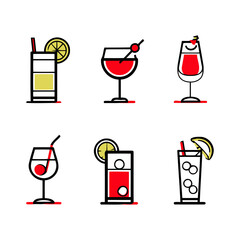 Bright stylized cocktail icons with bold outlines vector illustration