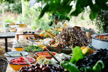 Wide Angle Shot of a Lavish Rustic Outdoor Buffet Spread Featuring a Large Layered Salad Bowl, Dips, Olives, and Casseroles Ready for Serving at a Catering Event
