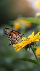 Obraz premium Stunning monarch butterfly with vibrant orange wings rests delicately upon a bright yellow summer flower in soft sunlight