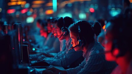 Nighttime view of call center employees wearing earphones, Nighttime view of call center employees wearing earphones, focused on customer service in a modern office environment - Powered by Adobe