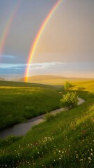 Naklejka premium Stunning double rainbow arches over vibrant green rolling hills and a winding stream at golden hour