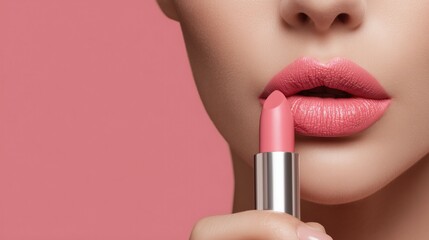 Close up of woman applying pink lipstick, focusing on details for content marketing and branding in the beauty industry.