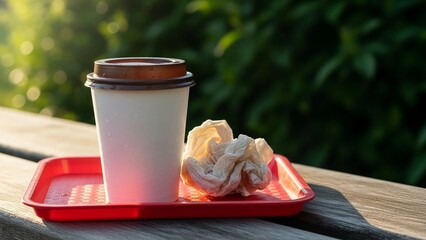 A take-away coffee cup on a red tray with a pastry. The scene is set outdoors with greenery in the background, emphasizing convenience and portability.