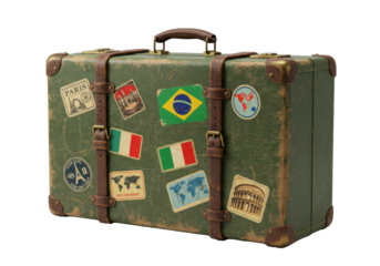 Vintage distressed green leather travel suitcase with ornate brass latches, brown handle, worn global stickers on transparent background, concept of wanderlust and exploration