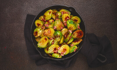 roasted brussels sprouts, with bacon, vegetarian food, homemade, no people,