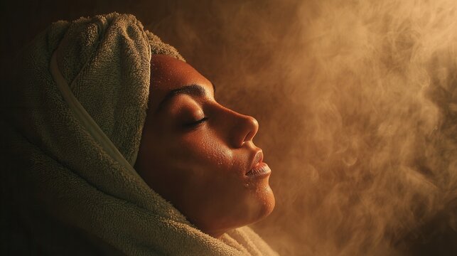 A relaxed woman covered in soft foam during a traditional hammam massage, wrapped in a towel, serene warm lighting, soothing steam atmosphere, natural textures, wellness spa aesthetic