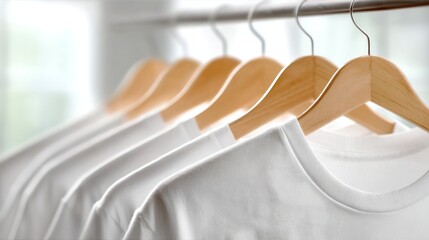 Close-up of clean white t-shirts hanging on wooden hangers in a row on a clothing rack. Minimalist fashion wardrobe background with soft lighting. Retail store or laundry concept with blank apparel fo