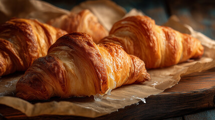 Golden flaky croissants fresh from the oven, butter melting, warm steam, rustic baking paper, wooden kitchen table, natural morning light, macro shot, ultra realistic food photography, 8k stock image