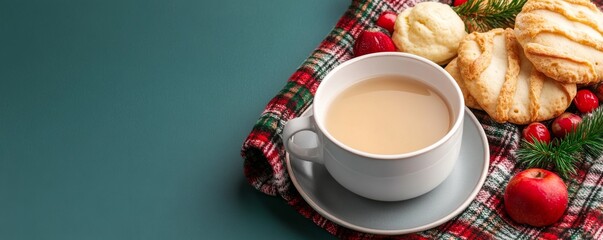 Cozy Tea Cup with Cookies, Plaid and Berries on Teal Background, Holiday , Christmas