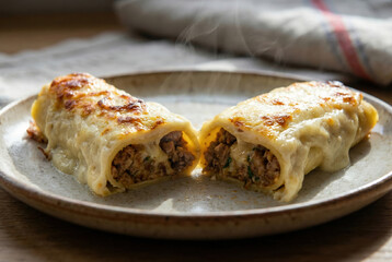 Canelones rellenos de carne con bechamel gratinada reci&eacute;n horneados y servidos en plato r&uacute;stico.