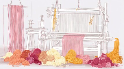 Weaving loom illustration with colorful threads yarn and copy space