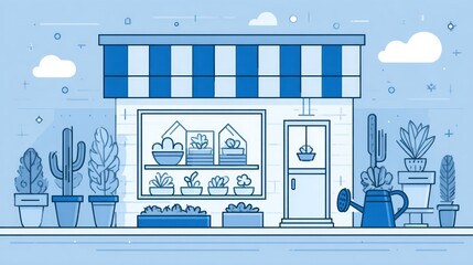 Illustrated shopfront with plants displayed in blue tones suitable design