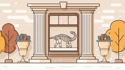 Cartoon illustration of dinosaur skeleton displayed in museum window