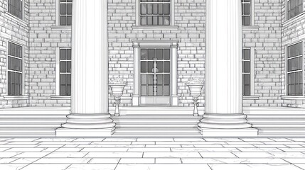 Architectural facade sketch with columns steps and ornate entry design