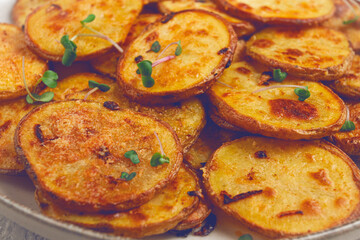 Crispy potato slices, with parmesan cheese and spices, fried in the oven, homemade, no people,