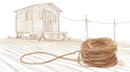 Wooden structure with rope on a pier sketch style illustration conceptual design