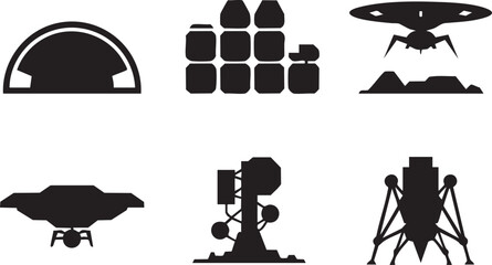 Collection of black silhouette icons depicting spacecraft and space structures on white background © zagrapic540