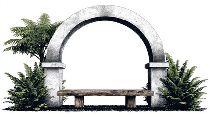 Stone archway with bench and greenery isolated on white background