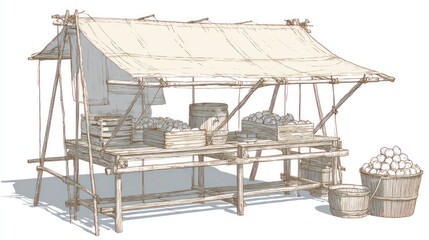 Illustration of a simple market stall with wooden crates and canopy