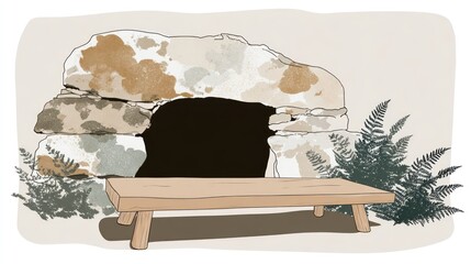 Ancient stone structure with bench artistic illustration for various uses