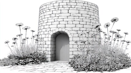 Stone tower illustration with arch door plants and cobblestone path