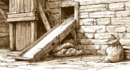 Rustic barn interior illustration wooden structures and textures